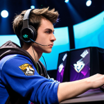A professional League of Legends player, with a look of intense focus and calm resolve, at their gaming station on a brightly lit esports arena stage. The colossal pressure of an LCS playoff match is palpable, emphasizing mental fortitude and a disciplined mindset amidst high stakes.