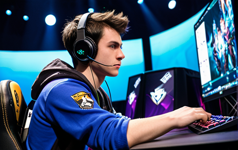 A professional League of Legends player, with a look of intense focus and calm resolve, at their gaming station on a brightly lit esports arena stage. The colossal pressure of an LCS playoff match is palpable, emphasizing mental fortitude and a disciplined mindset amidst high stakes.