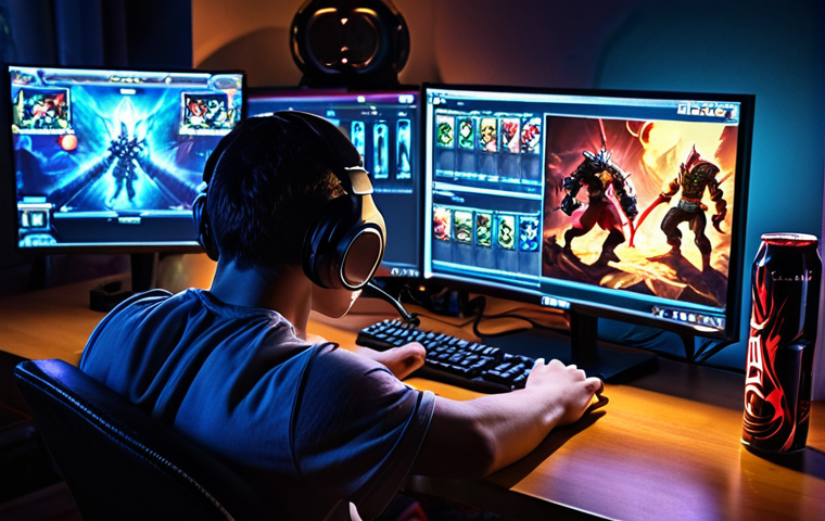 **

"A determined gamer intensely focused on a computer screen, surrounded by energy drinks and strategy guides. The room is dimly lit, highlighting the monitor displaying a complex League of Legends match. Emphasize the concentration and late-night dedication. Consider adding a gaming headset."

**