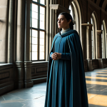 A young woman, representing a Demacian mage, stands thoughtfully in a grand, illuminated library within a stone castle. She is dressed in a modest, elegant long-sleeved tunic and trousers, with a simple cloak. Her posture is natural and composed, gazing slightly off into the distance. The setting emphasizes classical architecture and soft, filtering light from large windows. The overall atmosphere is one of calm contemplation and hidden strength, capturing a moment of profound reflection. safe for work, appropriate content, fully clothed, professional dress, perfect anatomy, correct proportions, natural pose, well-formed hands, proper finger count, natural body proportions, high quality photography, cinematic lighting.
