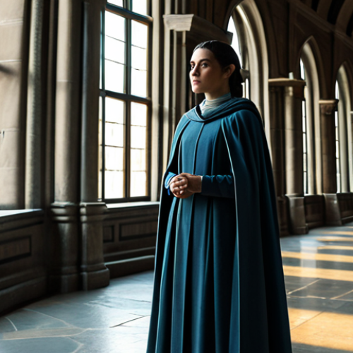 A young woman, representing a Demacian mage, stands thoughtfully in a grand, illuminated library within a stone castle. She is dressed in a modest, elegant long-sleeved tunic and trousers, with a simple cloak. Her posture is natural and composed, gazing slightly off into the distance. The setting emphasizes classical architecture and soft, filtering light from large windows. The overall atmosphere is one of calm contemplation and hidden strength, capturing a moment of profound reflection. safe for work, appropriate content, fully clothed, professional dress, perfect anatomy, correct proportions, natural pose, well-formed hands, proper finger count, natural body proportions, high quality photography, cinematic lighting.