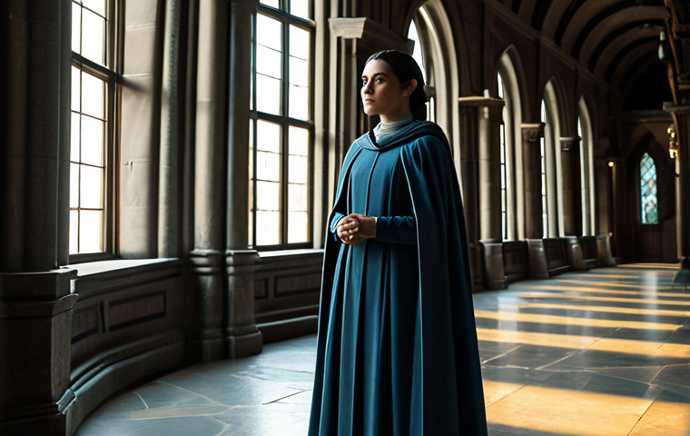 A young woman, representing a Demacian mage, stands thoughtfully in a grand, illuminated library within a stone castle. She is dressed in a modest, elegant long-sleeved tunic and trousers, with a simple cloak. Her posture is natural and composed, gazing slightly off into the distance. The setting emphasizes classical architecture and soft, filtering light from large windows. The overall atmosphere is one of calm contemplation and hidden strength, capturing a moment of profound reflection. safe for work, appropriate content, fully clothed, professional dress, perfect anatomy, correct proportions, natural pose, well-formed hands, proper finger count, natural body proportions, high quality photography, cinematic lighting.
