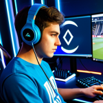 ** A determined League of Legends player in a fully lit gaming room, wearing a comfortable gaming shirt and headphones. Focus on their intense concentration during an international tournament. Display professional equipment and sponsor logos subtly in the background. Safe for work, appropriate content, fully clothed, family-friendly, perfect anatomy, natural proportions.

**