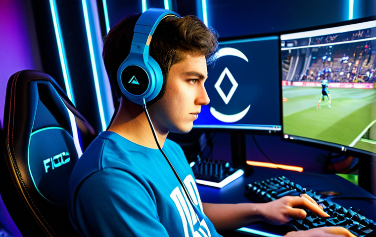 ** A determined League of Legends player in a fully lit gaming room, wearing a comfortable gaming shirt and headphones. Focus on their intense concentration during an international tournament. Display professional equipment and sponsor logos subtly in the background. Safe for work, appropriate content, fully clothed, family-friendly, perfect anatomy, natural proportions.
**