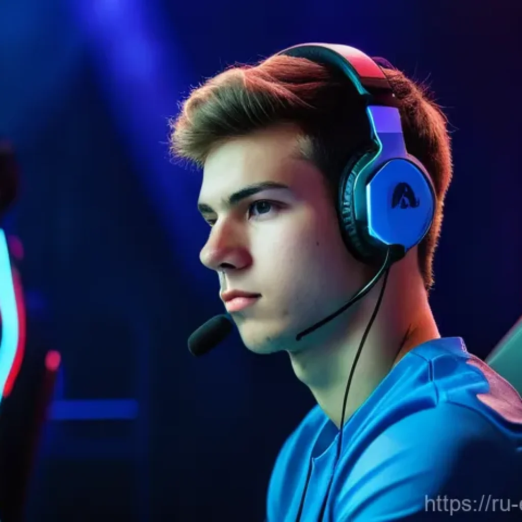 e스포츠의 심리학적 요소 - **A highly detailed shot of a male esports player, in his early twenties, seated in a futuristic gam...