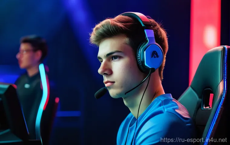 e스포츠의 심리학적 요소 - **A highly detailed shot of a male esports player, in his early twenties, seated in a futuristic gam...
