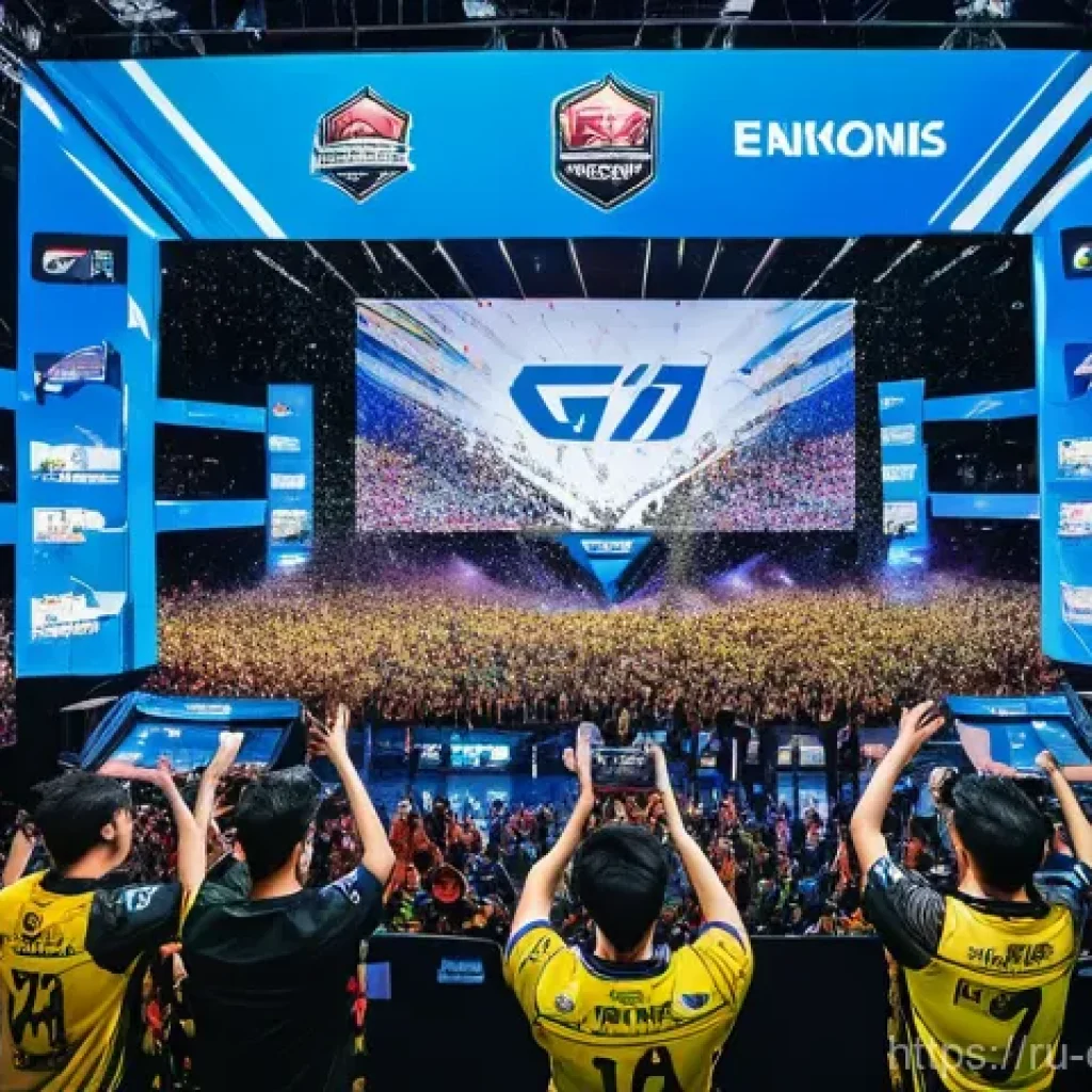 LOL 서머 시즌 일정 - A vibrant, celebratory image of a professional esports team, resembling G2 Esports, on a grand stage...