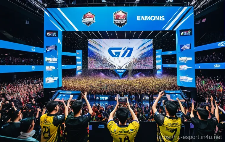 LOL 서머 시즌 일정 - A vibrant, celebratory image of a professional esports team, resembling G2 Esports, on a grand stage...