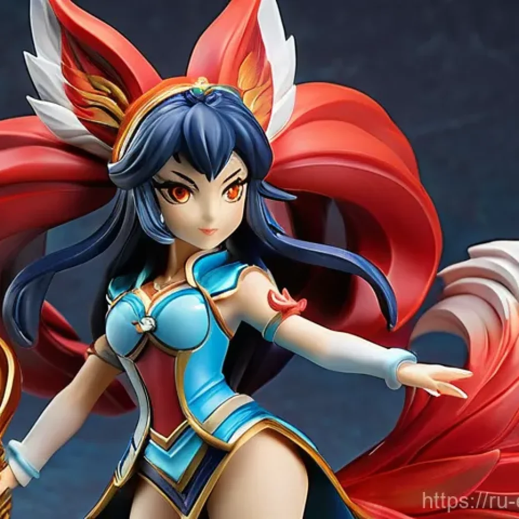 LOL 공식 머천다이즈 - A highly detailed, vibrant figurine of Ahri from League of Legends, showcasing her elegant tradition...