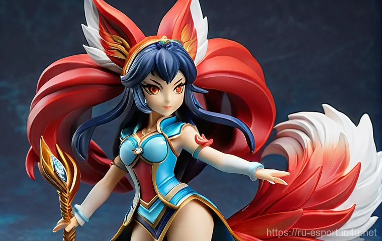 LOL 공식 머천다이즈 - A highly detailed, vibrant figurine of Ahri from League of Legends, showcasing her elegant tradition...