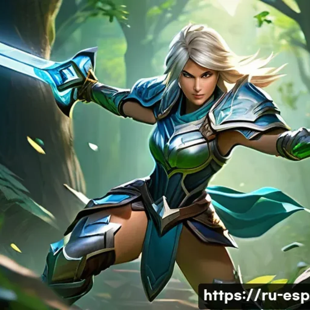 LOL 챔피언 스킬 분석 - A dynamic and intense scene of a highly skilled female champion inspired by Riven from a fantasy MOB...