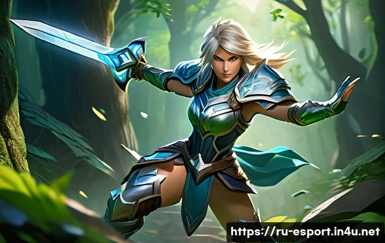 LOL 챔피언 스킬 분석 - A dynamic and intense scene of a highly skilled female champion inspired by Riven from a fantasy MOB...