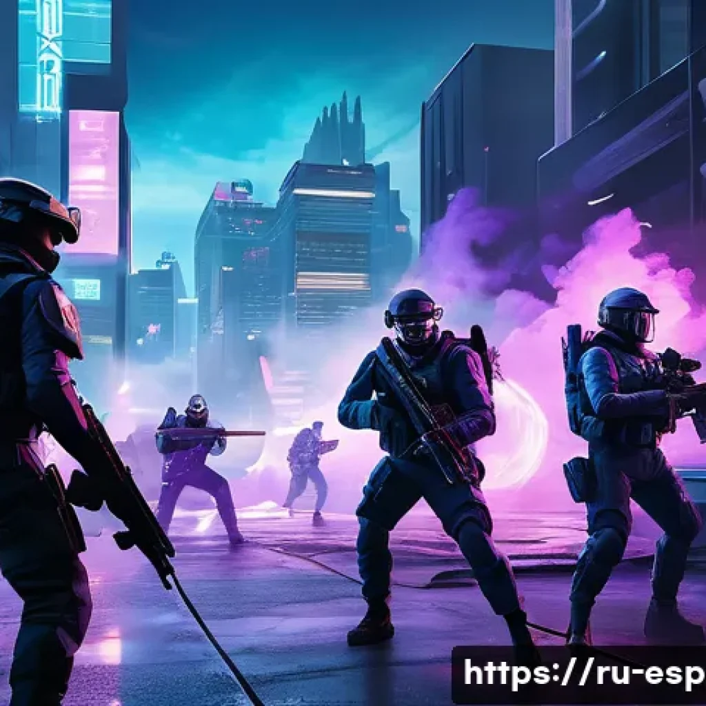 발로란트 에이전트 스킬 조합 - A dynamic Valorant team battle scene in a futuristic urban map at dusk, featuring multiple agents co...