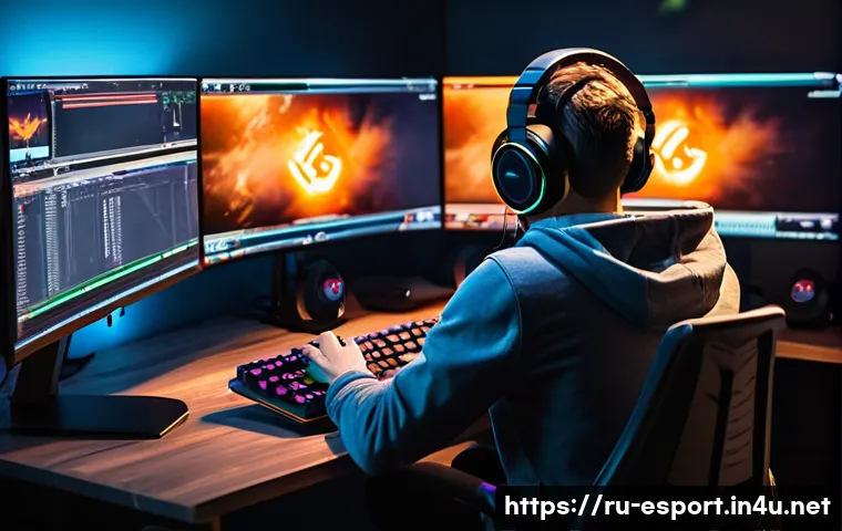 LOL 서버 안정화 문제 - A detailed scene showing a professional esports gamer sitting at a high-end gaming setup in a cozy r...
