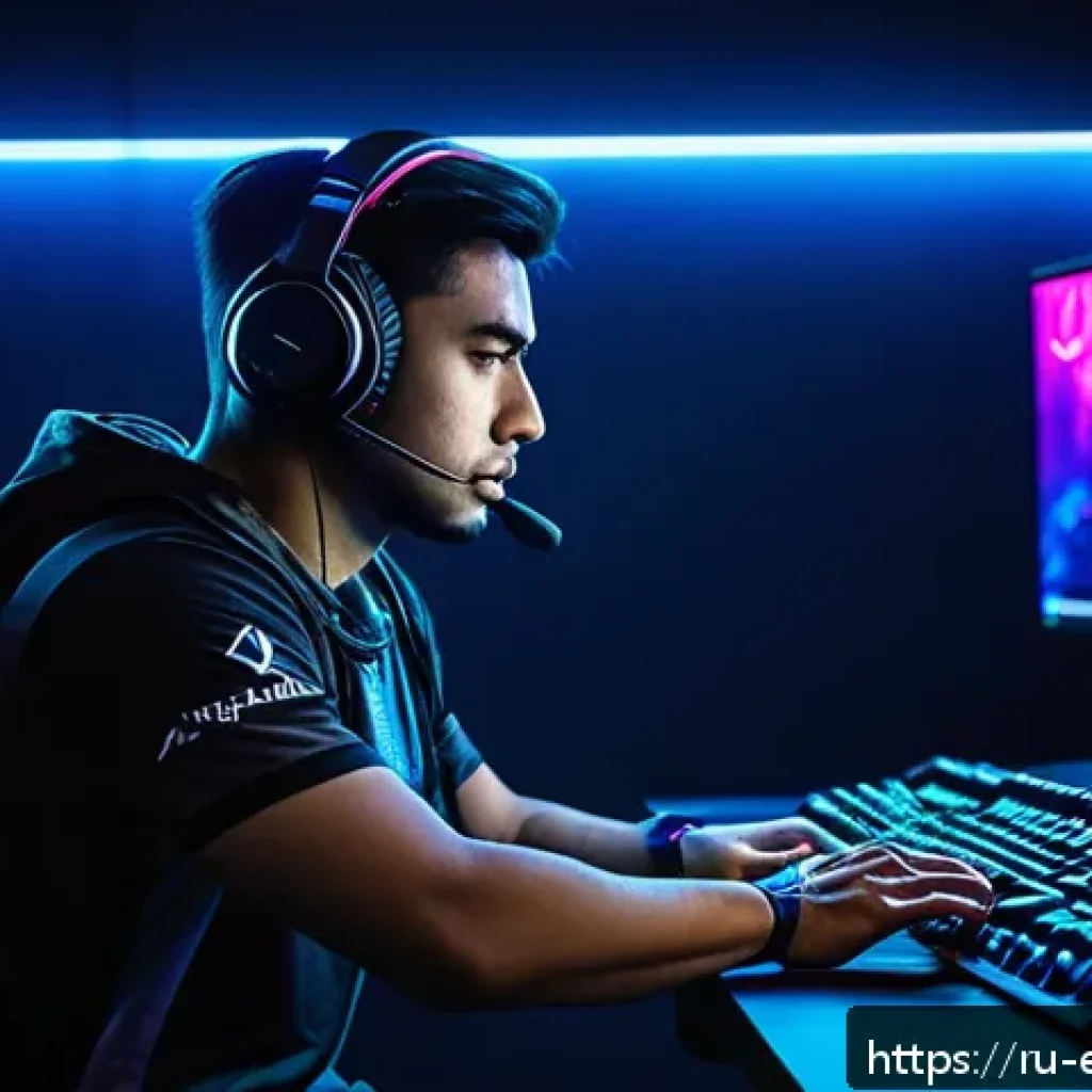 프로게이머 경기 전 루틴 - A focused professional esports player sitting at a modern gaming desk in a dimly lit room, practicin...