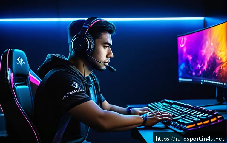 프로게이머 경기 전 루틴 - A focused professional esports player sitting at a modern gaming desk in a dimly lit room, practicin...