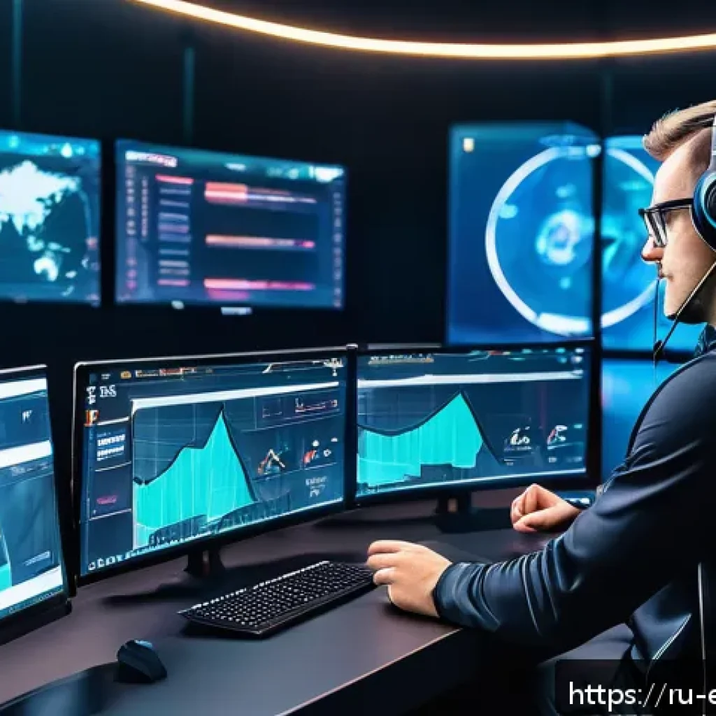 LOL e스포츠 코칭 시스템 - A professional esports coach in a modern training room, surrounded by multiple large screens display...