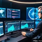 LOL e스포츠 코칭 시스템 - A professional esports coach in a modern training room, surrounded by multiple large screens display...