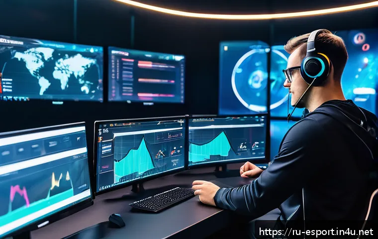 LOL e스포츠 코칭 시스템 - A professional esports coach in a modern training room, surrounded by multiple large screens display...