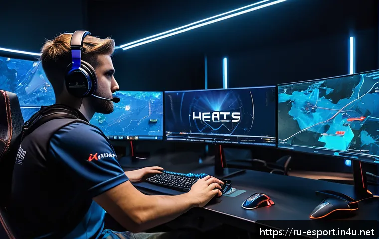 CS GO 프로 팀 데이터베이스 - A professional esports team analyzing complex CS:GO match data in a high-tech gaming room, multiple ...