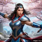 롤 챔피언 개편 스토리 - A dynamic and detailed portrait of Irelia in battle stance, showcasing her inner conflict and determ...