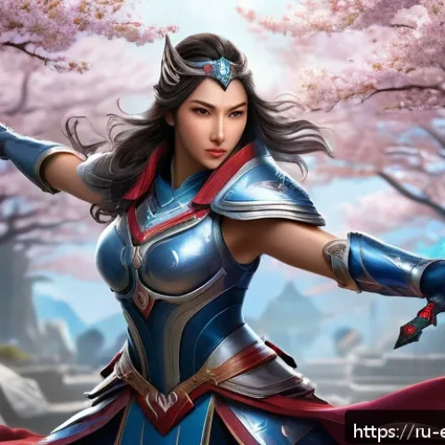 롤 챔피언 개편 스토리 - A dynamic and detailed portrait of Irelia in battle stance, showcasing her inner conflict and determ...