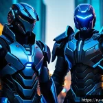 롤 유니버스 설정 자료 - A dynamic scene depicting two futuristic warriors in a high-tech Piltover cityscape at twilight, sho...