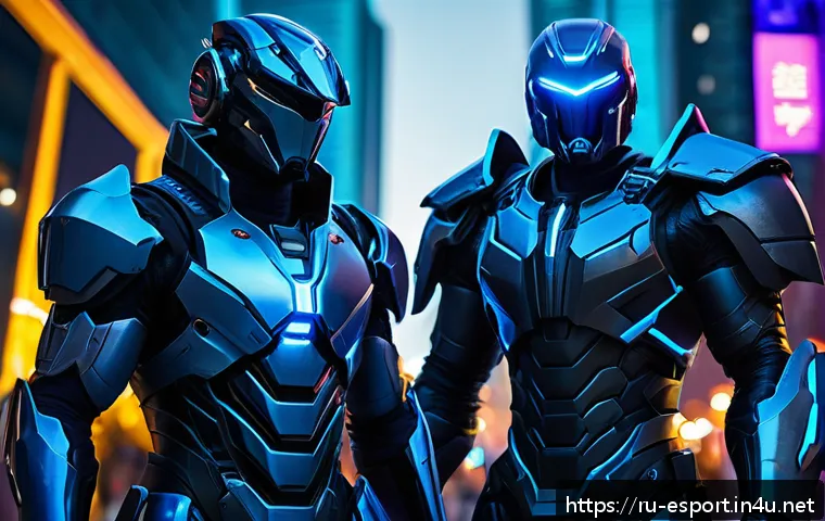롤 유니버스 설정 자료 - A dynamic scene depicting two futuristic warriors in a high-tech Piltover cityscape at twilight, sho...