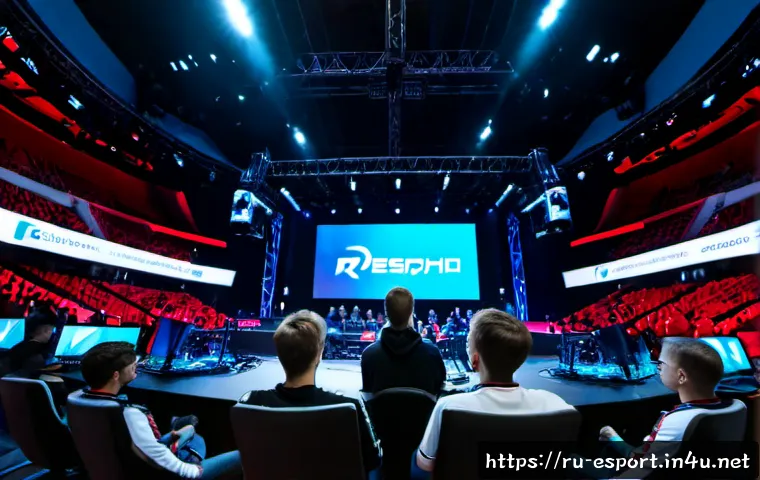 Home 17 롤드컵 이모저모 - Photorealistic international esports championship arena in Moscow, wide-angle view from behind a div...