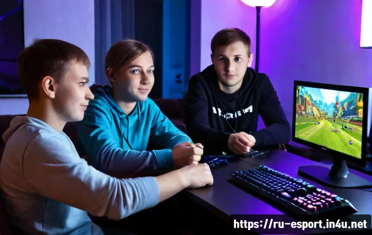 Home 17 LOL 커뮤니티 핫이슈 - Photorealistic Russian gaming community discussion scene, diverse young adult friends gathered aroun...